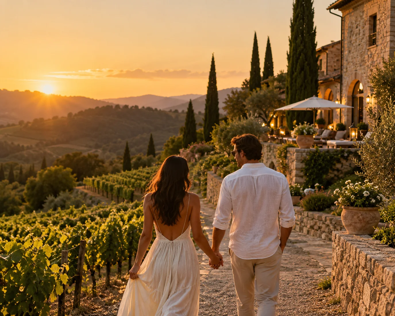 AI-generated scene of a couple walking through a vineyard at sunset